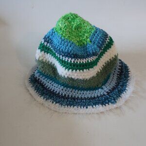 NWT Womens Regina 100% Cotton Blue, Green, White Woven Hat W/Furry Trim O/S